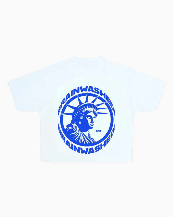Brainwashed White Tee Blue Icon