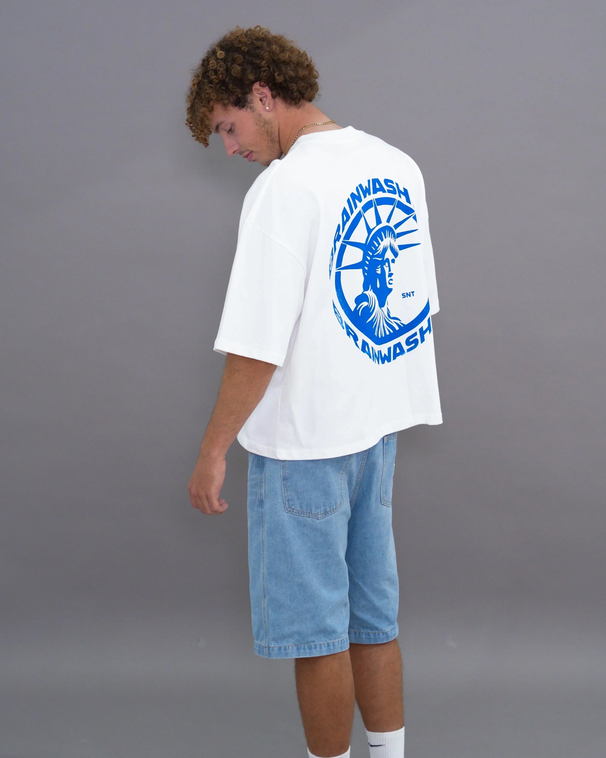 Brainwashed White Tee Blue Icon